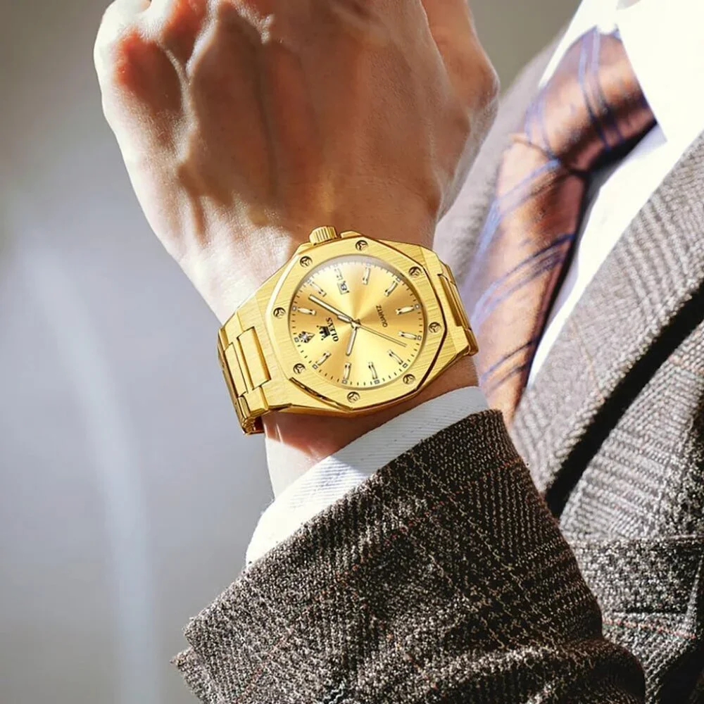 Olevs Men's Gold Stainless Steel Analog Luminous Waterproof Easy Wear Watch